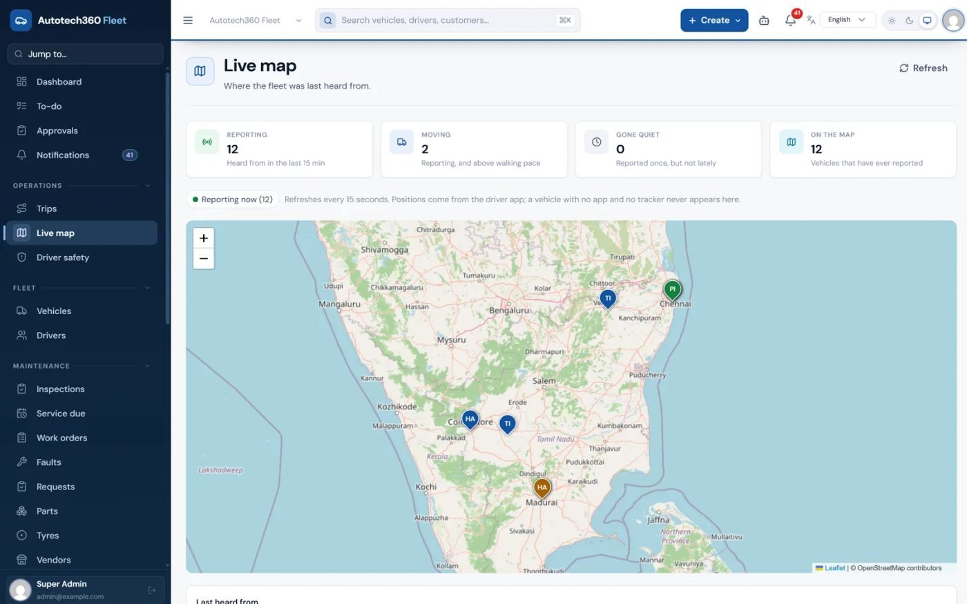 Live map of southern India with every reporting vehicle and counts of vehicles reporting, moving and gone quiet