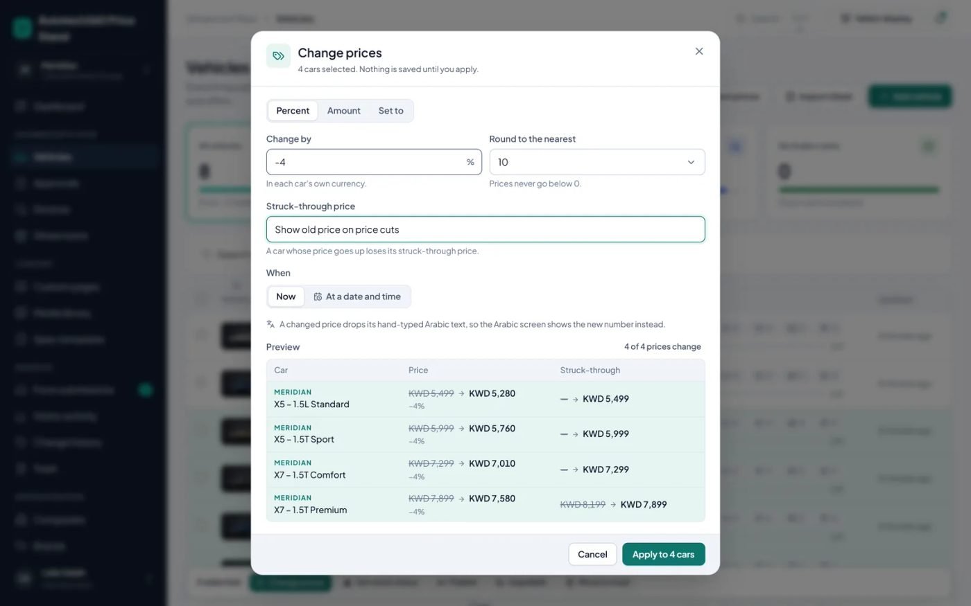 Change prices dialog cutting four cars by 4 percent, rounded to 10, with each car's old and new price and struck-through price