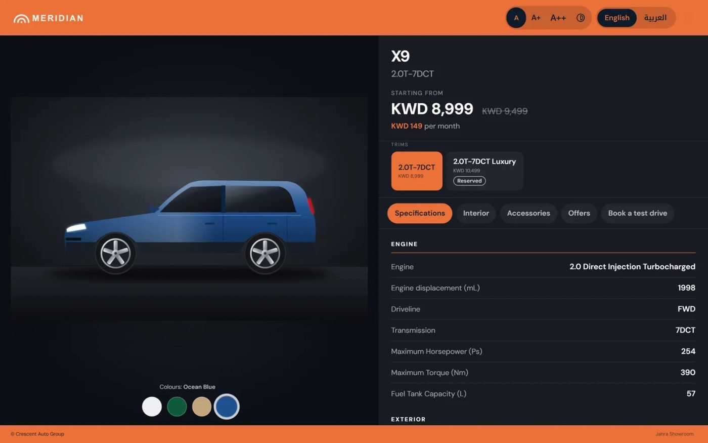Showroom tablet stand for an SUV with its photo in Ocean Blue, colour swatches, the price with a struck-through former price, a monthly figure, two trims and the specification sheet