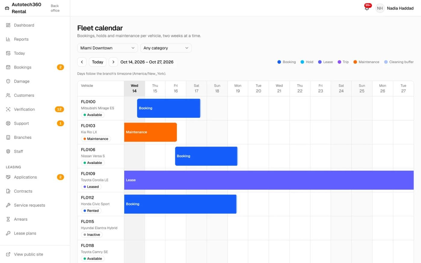 Fleet calendar for a branch showing bookings, maintenance and a lease per car over two weeks