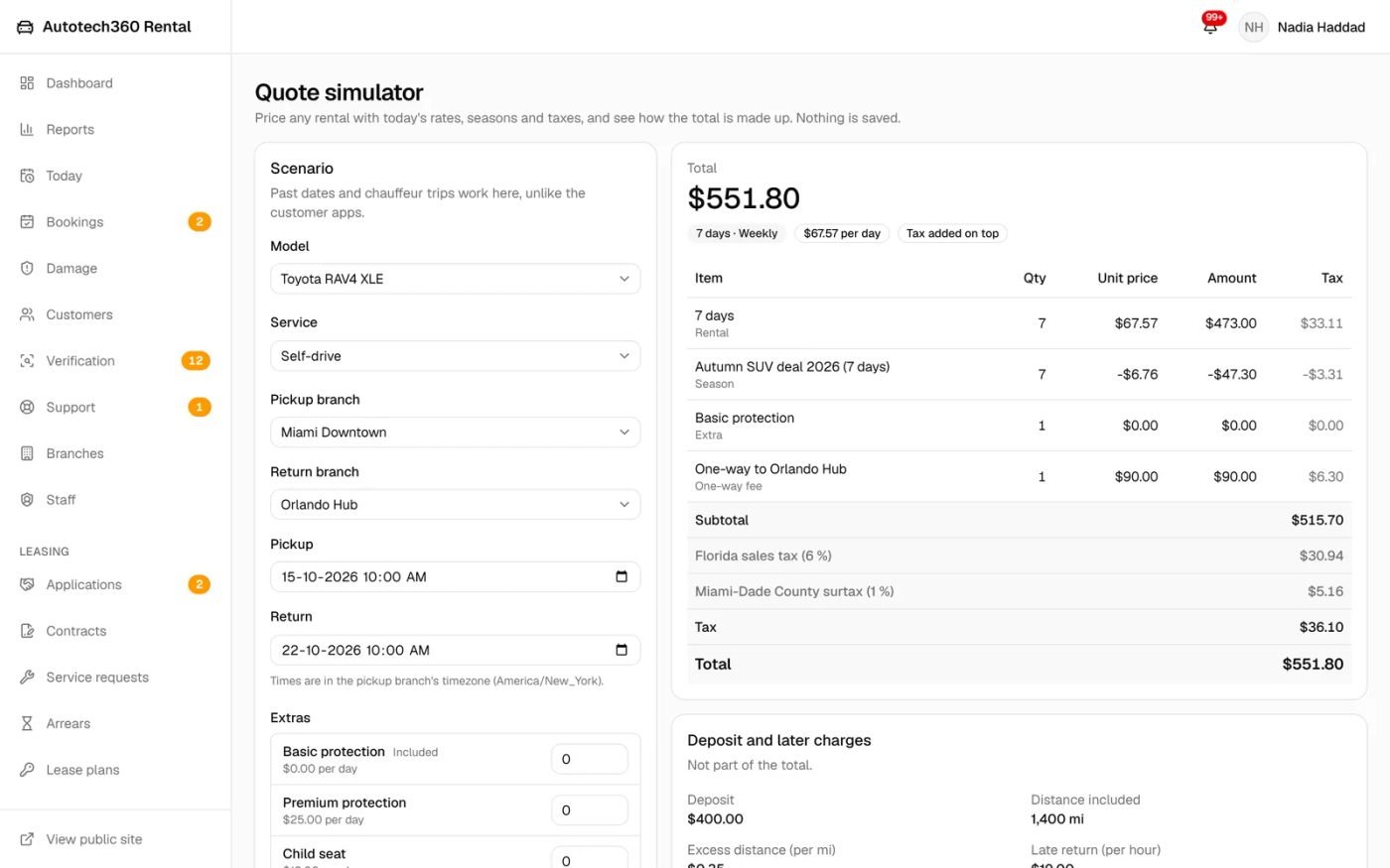 Quote simulator pricing a one-week one-way SUV rental with a seasonal discount, one-way fee and state and county taxes
