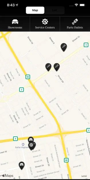 Showrooms, service centres and parts outlets on a map