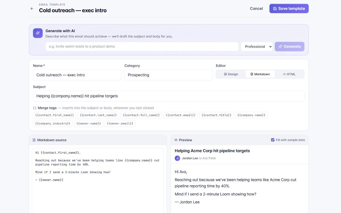 An email template drafted from a plain-language purpose, with merge tags and a preview